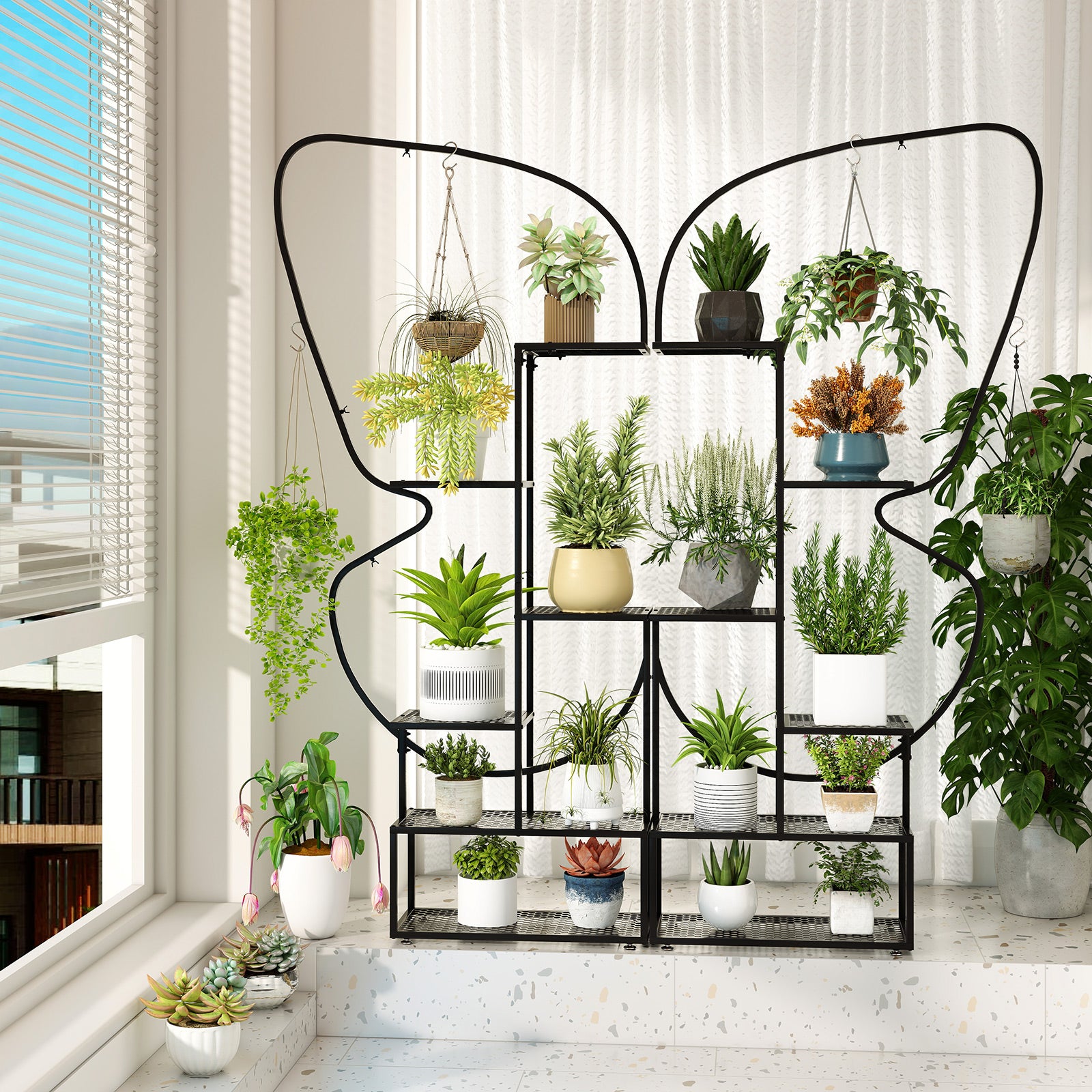 6-Tier Metal Plant Stand Ladder, Display Rack With Hanging Hooks, Black Plant Stands at Gallery Canada
