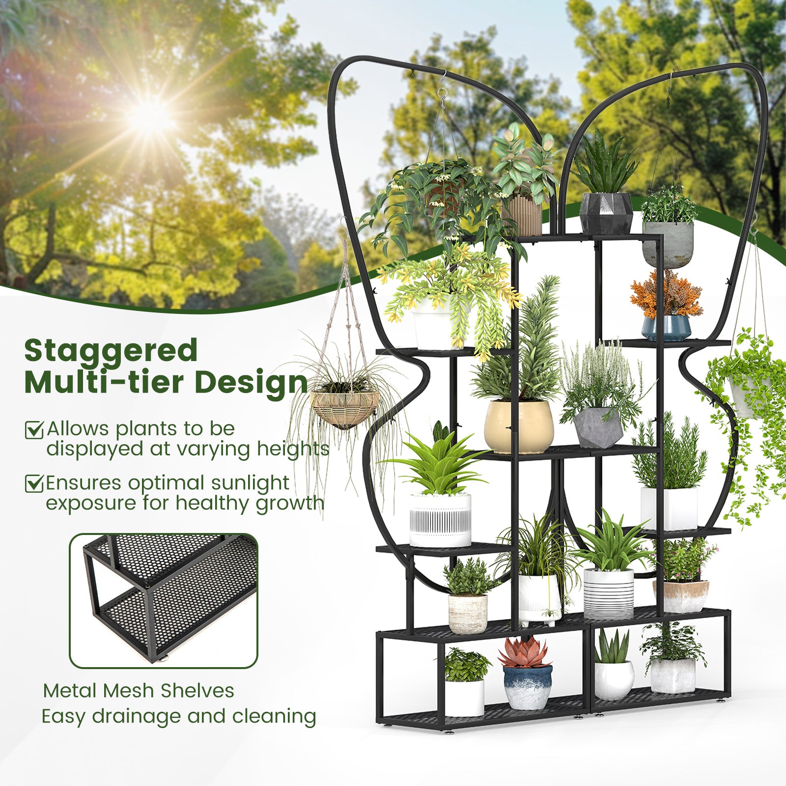 6-Tier Metal Plant Stand Ladder, Display Rack With Hanging Hooks, Black Plant Stands at Gallery Canada