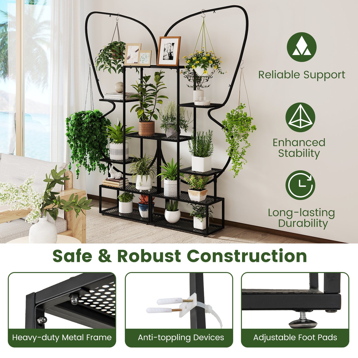 6-Tier Metal Plant Stand Ladder, Display Rack With Hanging Hooks, Black Plant Stands at Gallery Canada