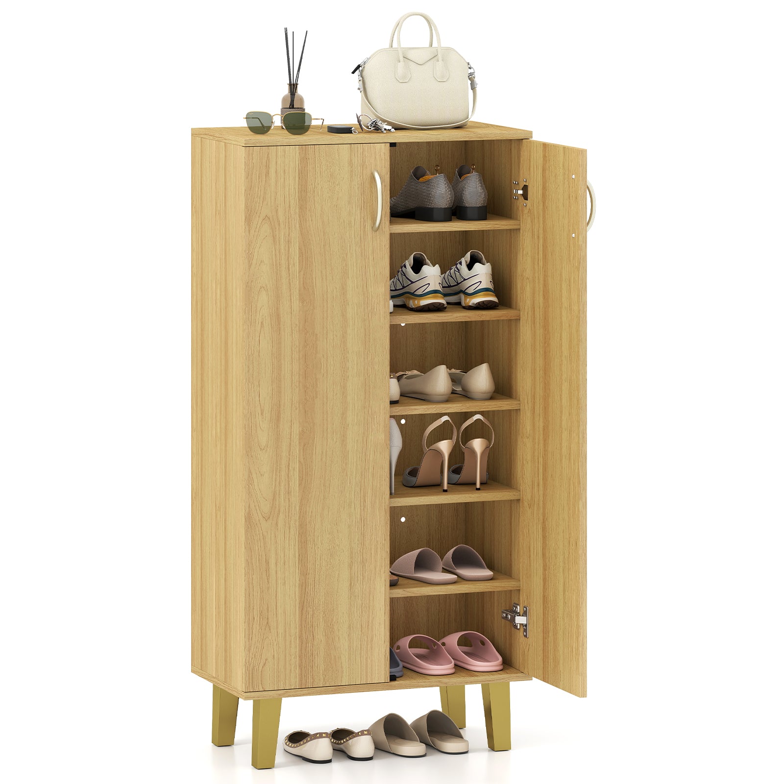 6-Tier Modern Freestanding Wooden Shoe Cabinet with Doors and Removable Shelves, Oak Shoe Racks & Storage Benches at Gallery Canada