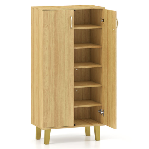 6-Tier Wooden Shoe Cabinet With Doors, Removable Shelves, Oak