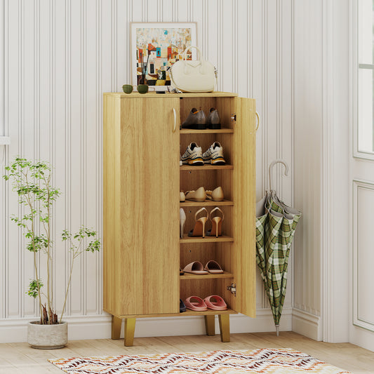 6-Tier Modern Freestanding Wooden Shoe Cabinet with Doors and Removable Shelves, Oak Shoe Racks & Storage Benches Oak at Gallery Canada
