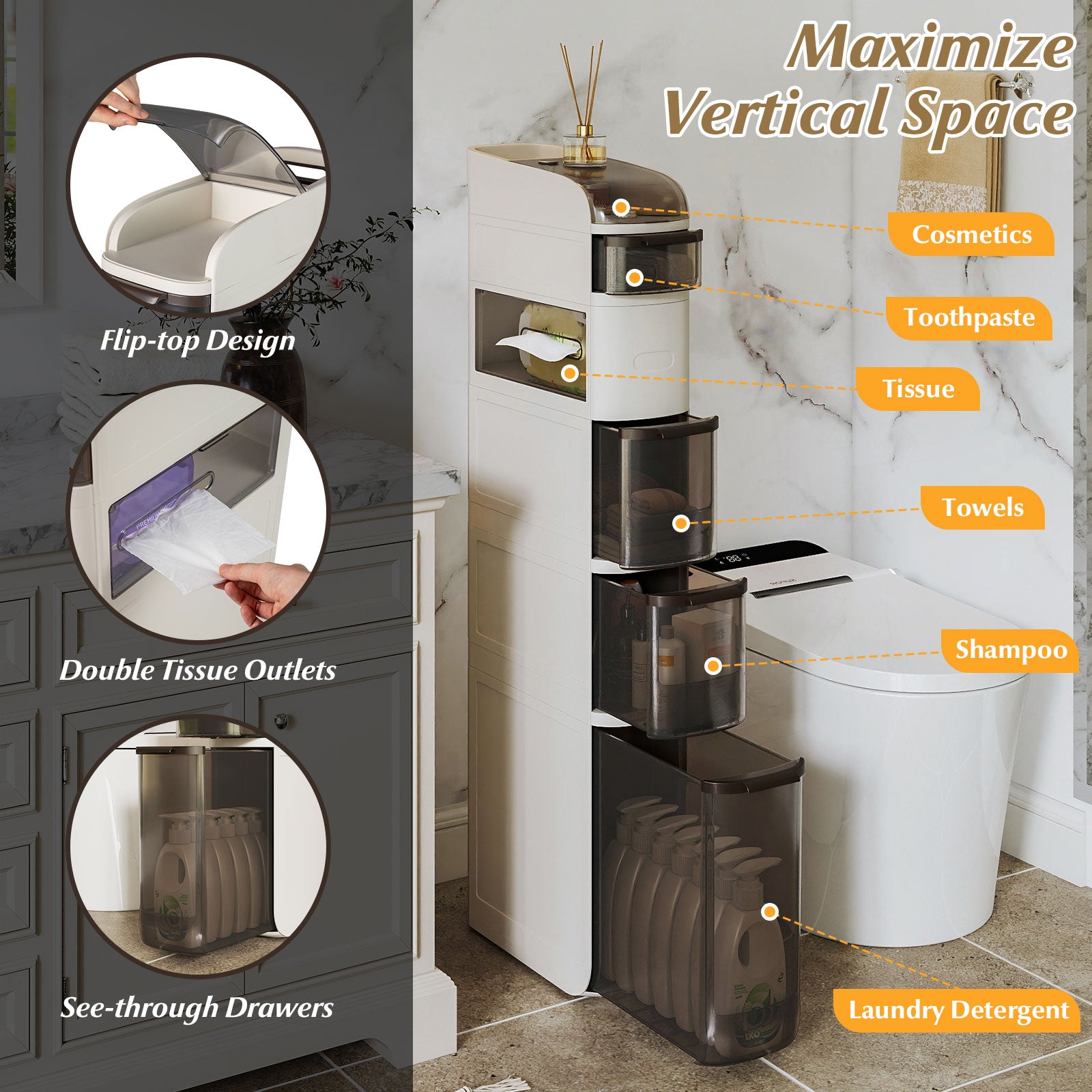6-Tier Narrow Bathroom Storage Cabinet With Drawers, Tissue Box Floor Cabinets at Gallery Canada