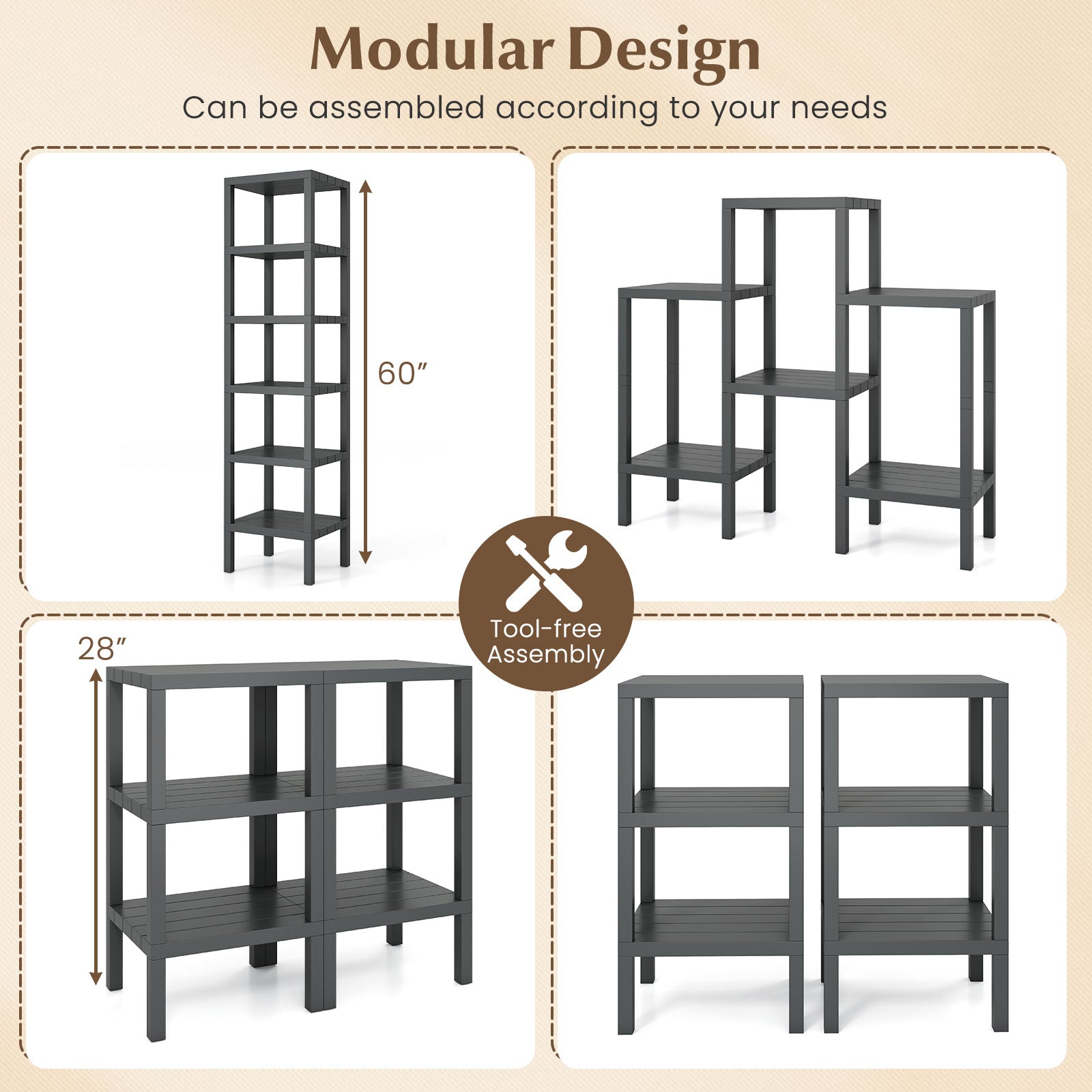 6-Tier Plastic Modular Storage Shelves for Living Room and Kitchen, Gray Raised Garden Beds at Gallery Canada