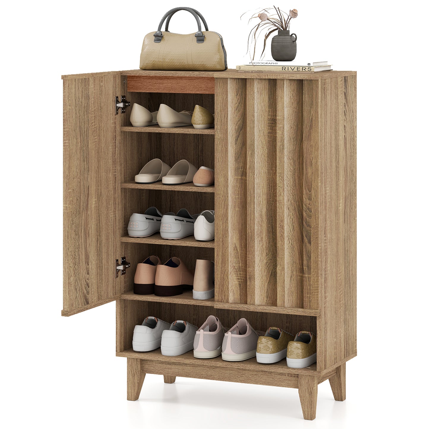 6-Tier Shoe Storage Organizer with 2 Fluted Doors, Oak Shoe Racks & Storage Benches at Gallery Canada