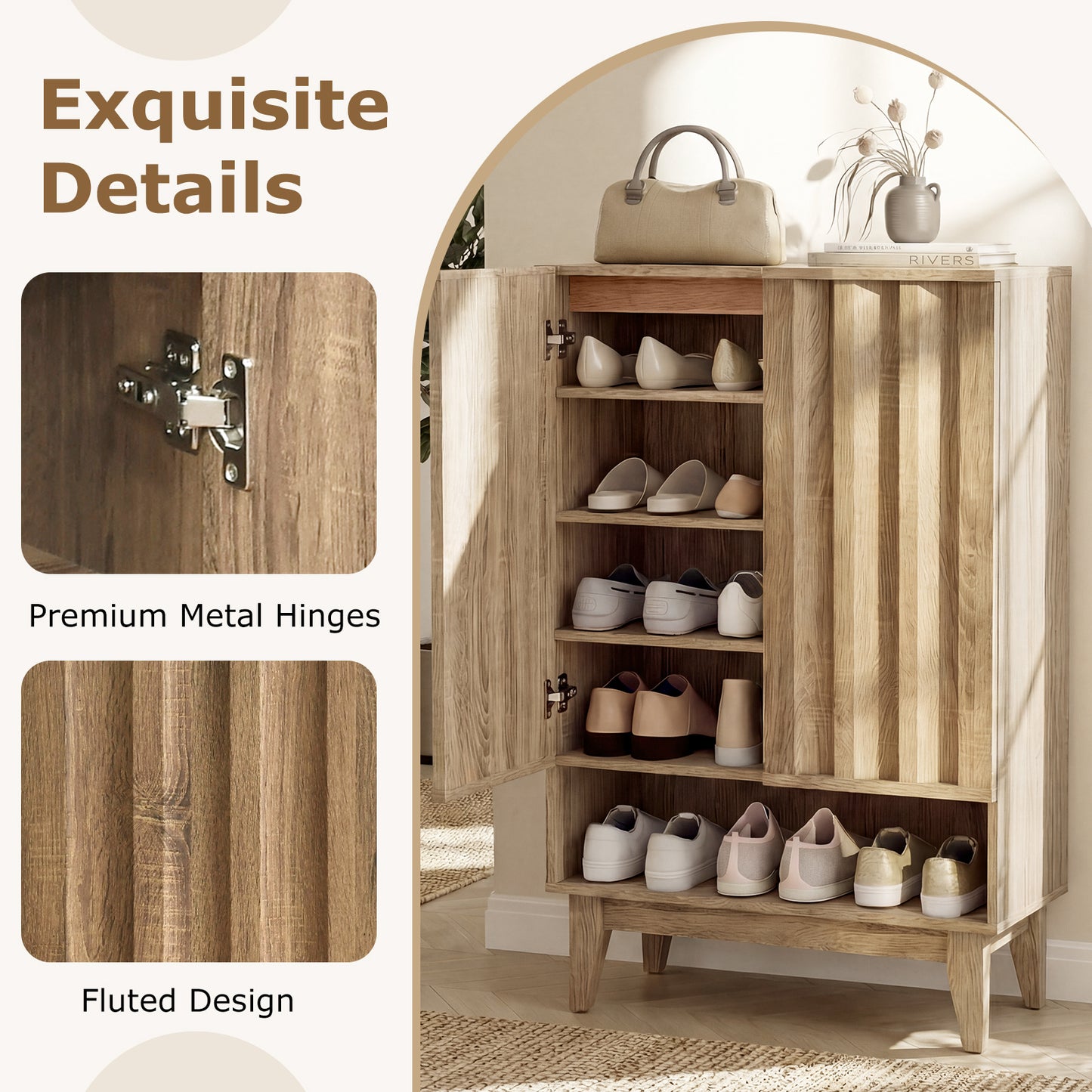 6-Tier Shoe Storage Organizer with 2 Fluted Doors, Oak Shoe Racks & Storage Benches at Gallery Canada