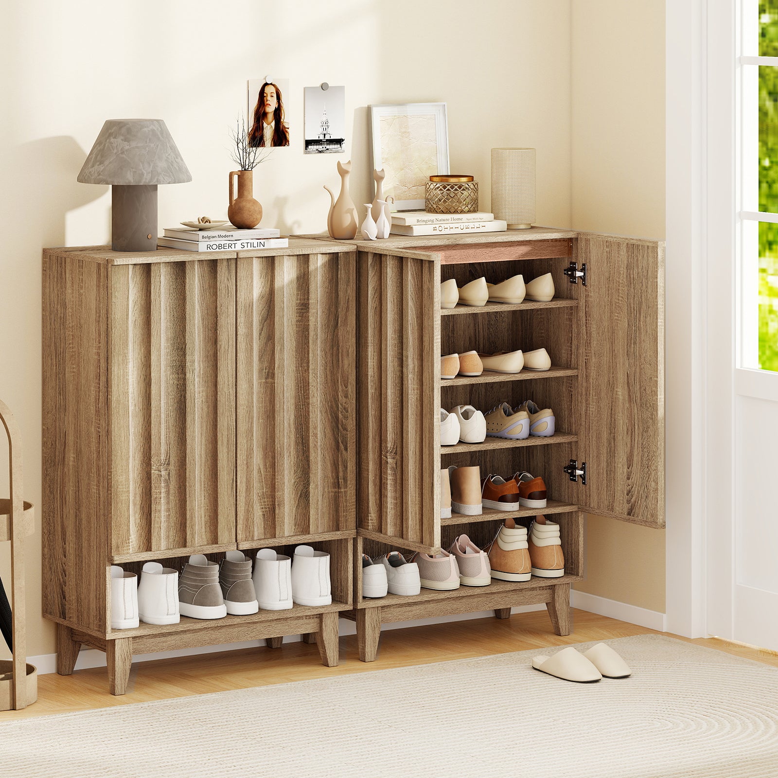 6-Tier Shoe Storage Organizer with 2 Fluted Doors, Oak Shoe Racks & Storage Benches at Gallery Canada