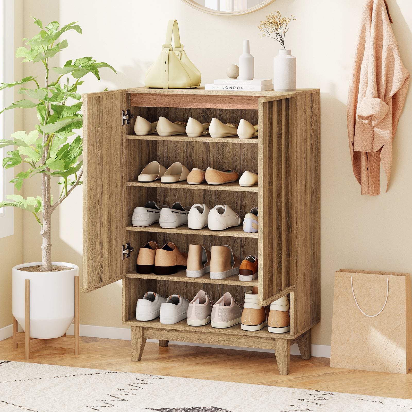 6-Tier Shoe Storage Organizer with 2 Fluted Doors, Oak Shoe Racks & Storage Benches at Gallery Canada