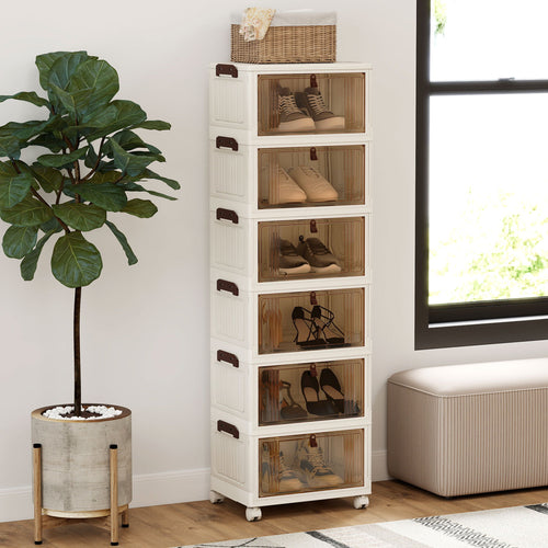 6-Tier Stackable Shoe Box, Lid Doors, Lockable Wheels, White