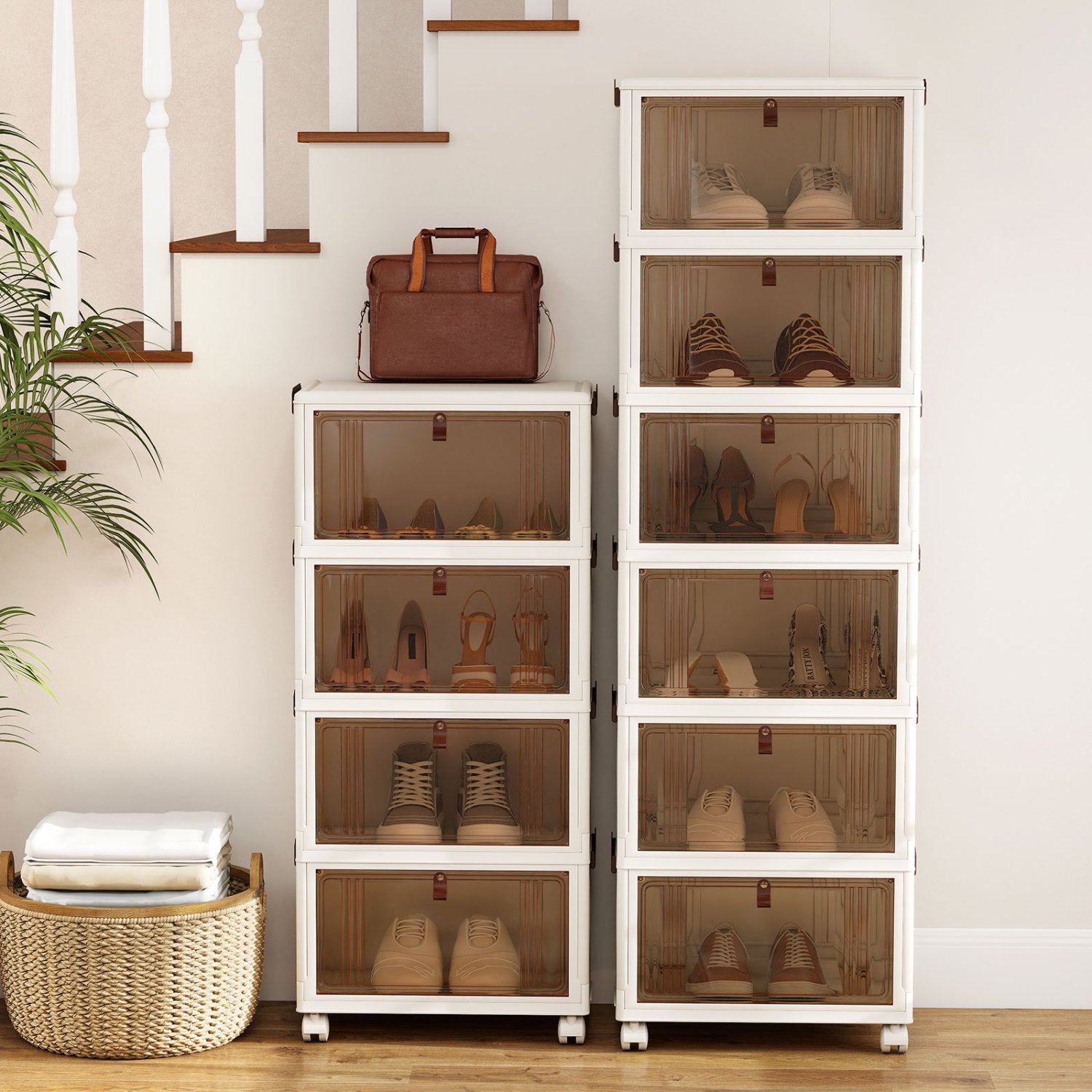 6-Tier Stackable Shoe Box, Lid Doors, Lockable Wheels, White Shoe Racks & Storage Benches at Gallery Canada