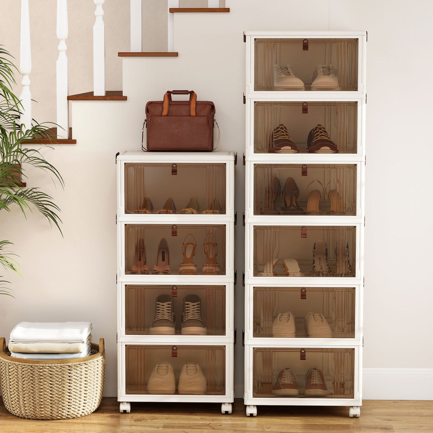 6-Tier Stackable Shoe Box, Lid Doors, Lockable Wheels, White Shoe Racks & Storage Benches at Gallery Canada