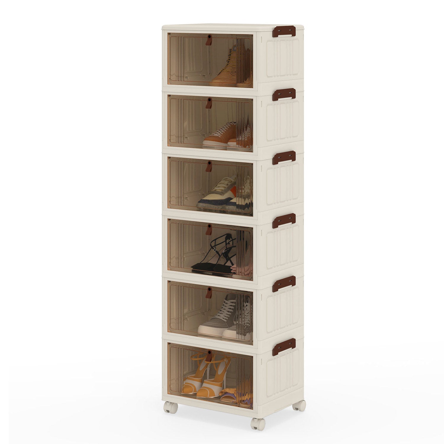 6-Tier Stackable Shoe Box, Lid Doors, Lockable Wheels, White Shoe Racks & Storage Benches at Gallery Canada