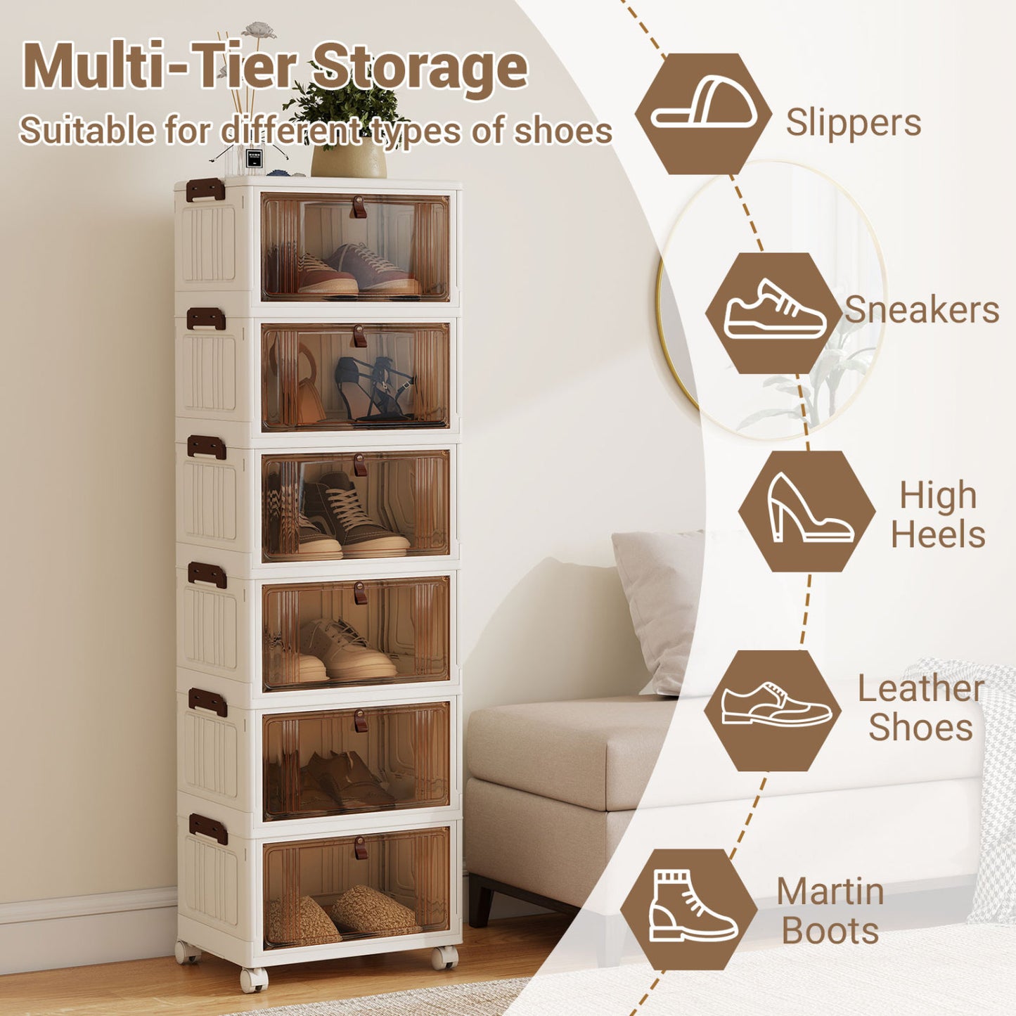 6-Tier Stackable Shoe Box, Lid Doors, Lockable Wheels, White Shoe Racks & Storage Benches at Gallery Canada