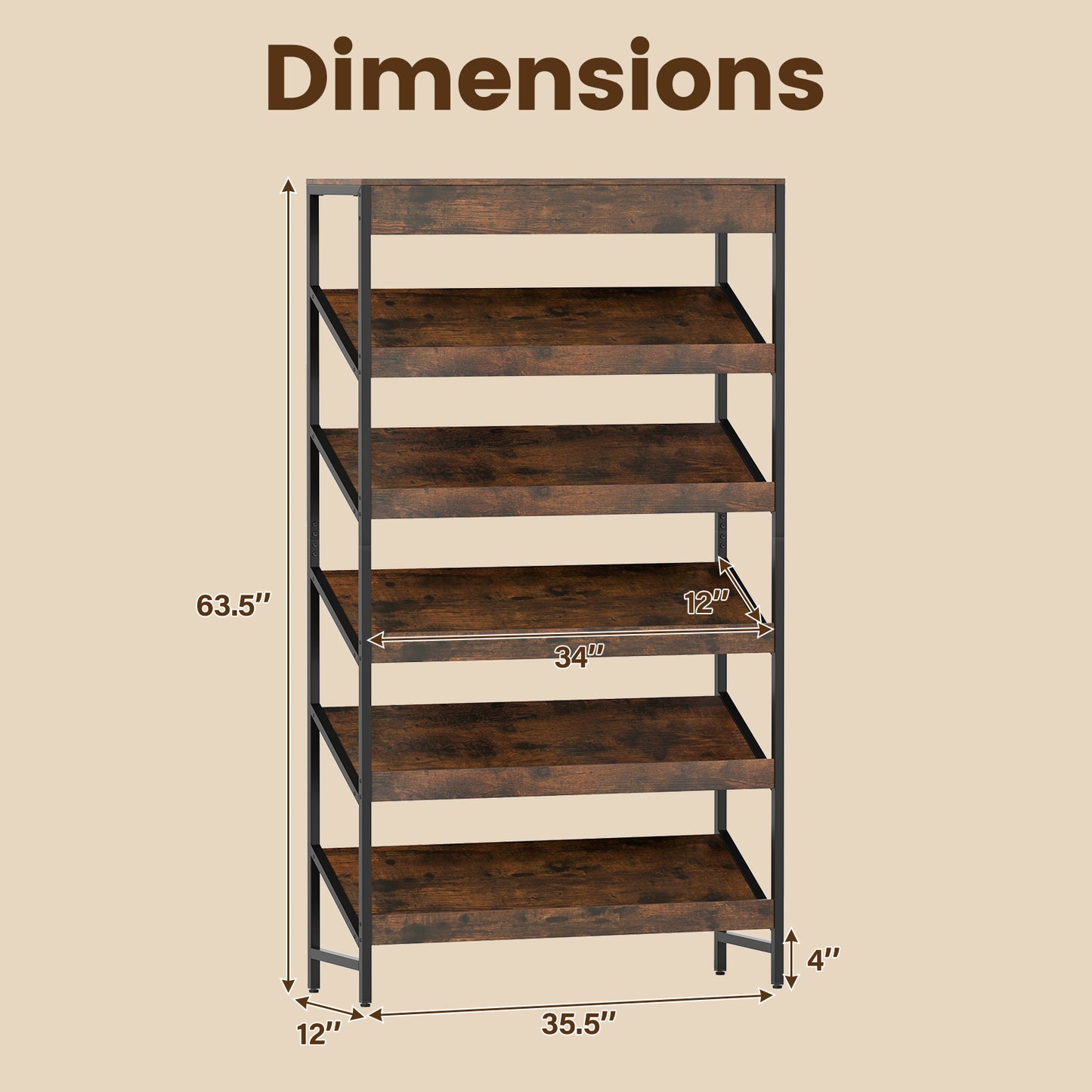 6-Tier Tall Freestanding Bookshelf with Angled Shelves for Home Office, Rustic Brown Bookcases at Gallery Canada