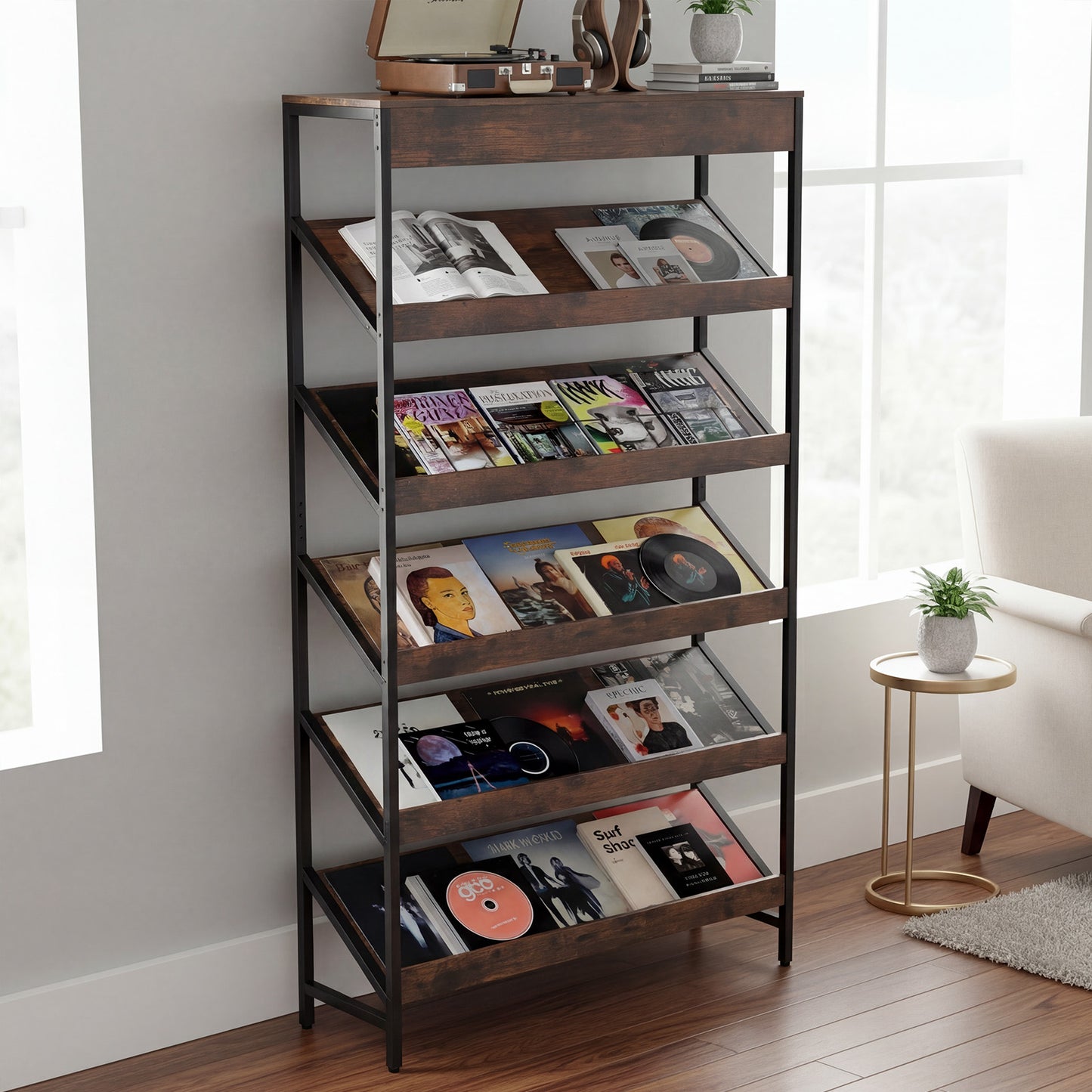 6-Tier Tall Freestanding Bookshelf with Angled Shelves for Home Office, Rustic Brown Bookcases at Gallery Canada