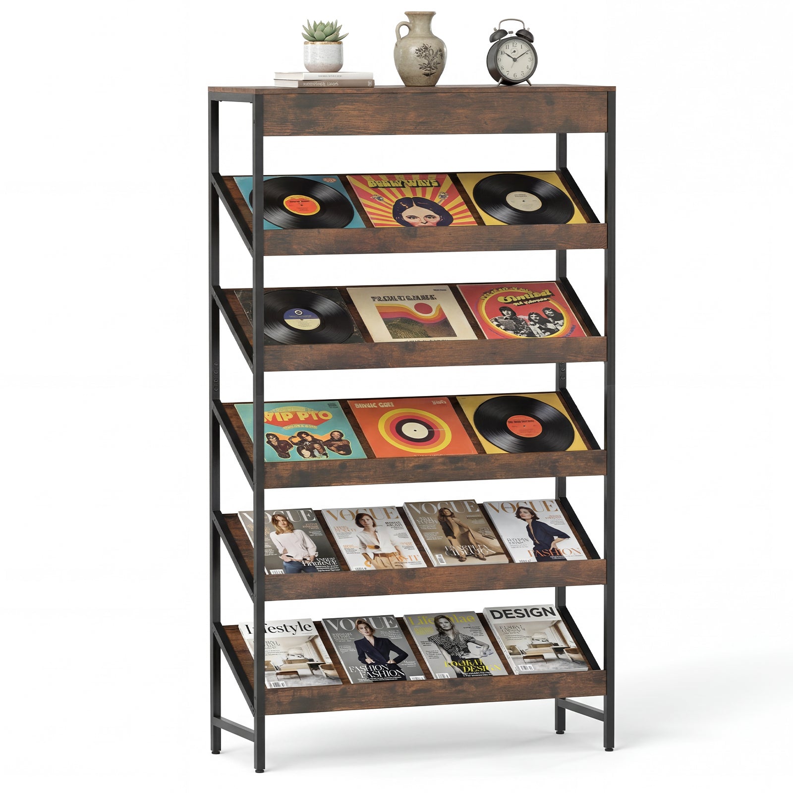6-Tier Tall Freestanding Bookshelf with Angled Shelves for Home Office, Rustic Brown Bookcases Rustic Brown at Gallery Canada