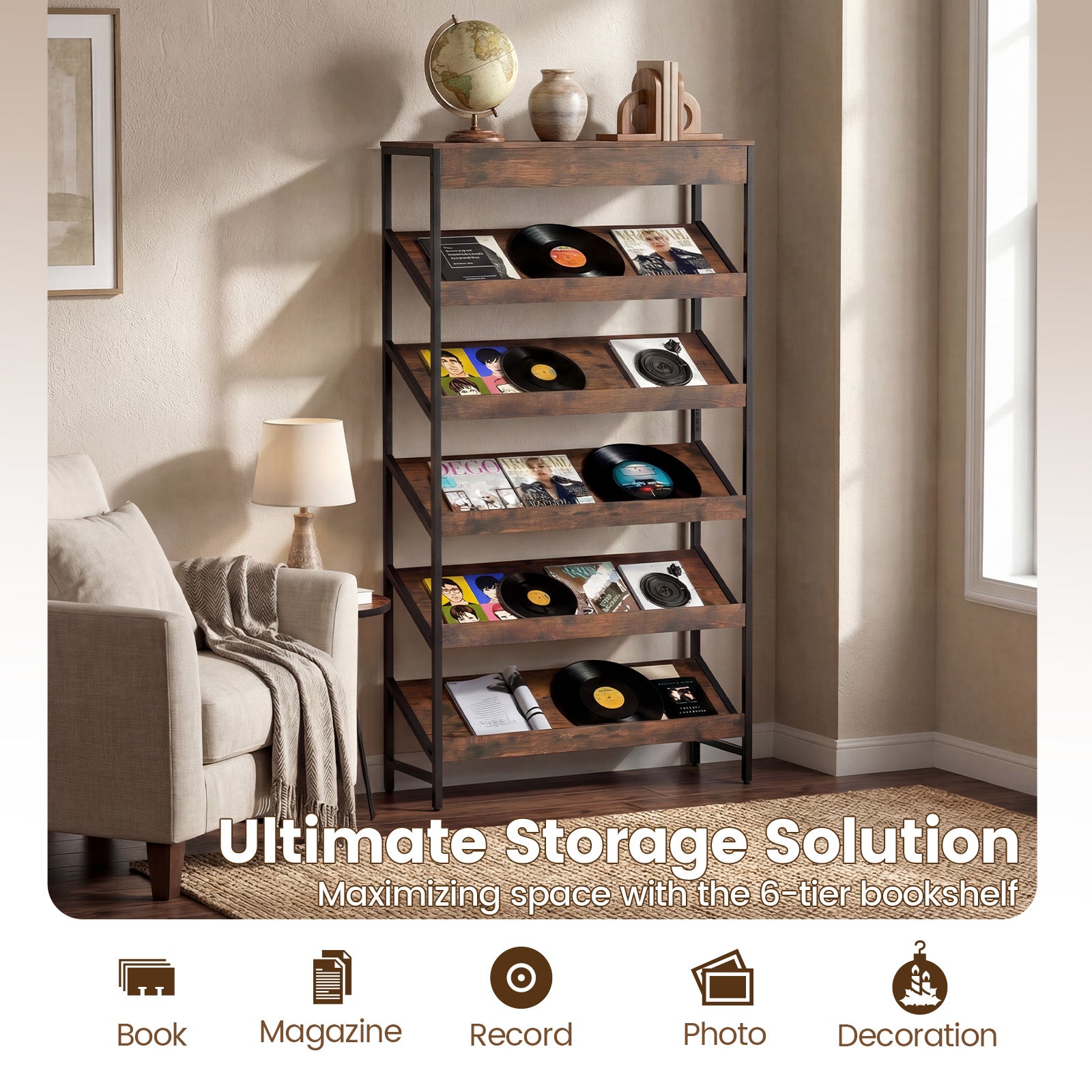 6-Tier Tall Freestanding Bookshelf with Angled Shelves for Home Office, Rustic Brown Bookcases at Gallery Canada
