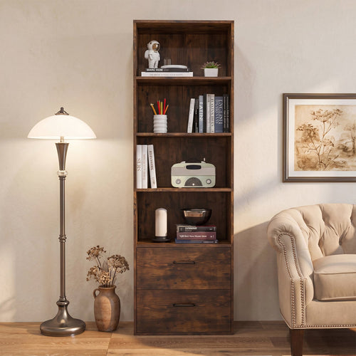 6-Tier Tall Bookshelf With 4 Open Shelves, 2 Drawers, Rustic Brown
