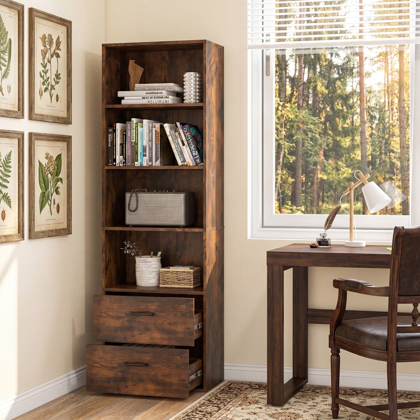 6-Tier Tall Bookshelf With 4 Open Shelves, 2 Drawers, Rustic Brown