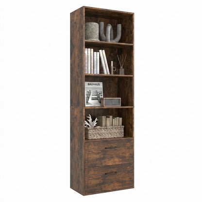 6-Tier Tall Bookshelf With 4 Open Shelves, 2 Drawers, Rustic Brown
