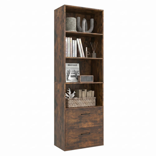 6-Tier Tall Bookshelf With 4 Open Shelves, 2 Drawers, Rustic Brown