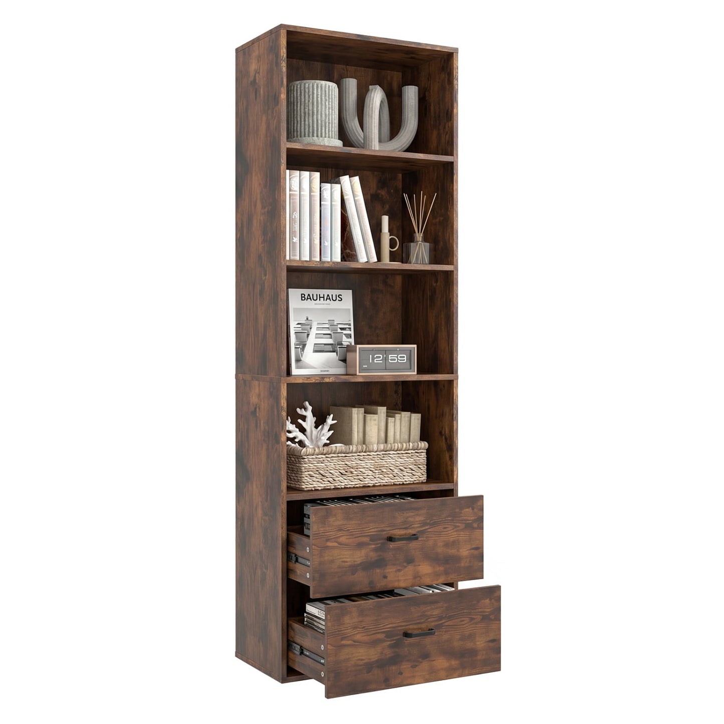 6-Tier Tall Bookshelf With 4 Open Shelves, 2 Drawers, Rustic Brown