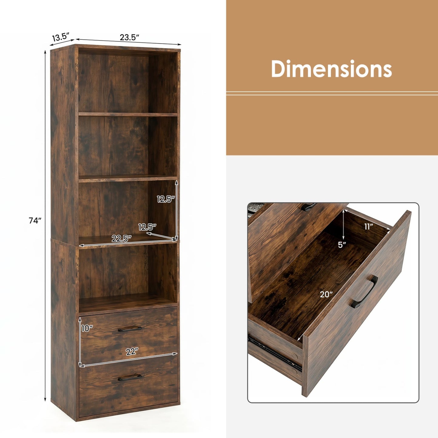 6-Tier Tall Bookshelf With 4 Open Shelves, 2 Drawers, Rustic Brown