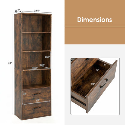 6-Tier Tall Bookshelf With 4 Open Shelves, 2 Drawers, Rustic Brown
