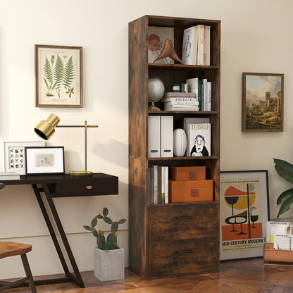 6-Tier Tall Bookshelf With 4 Open Shelves, 2 Drawers, Rustic Brown