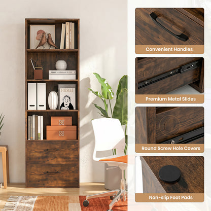 6-Tier Tall Bookshelf With 4 Open Shelves, 2 Drawers, Rustic Brown