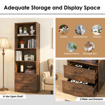 6-Tier Tall Bookshelf With 4 Open Shelves, 2 Drawers, Rustic Brown
