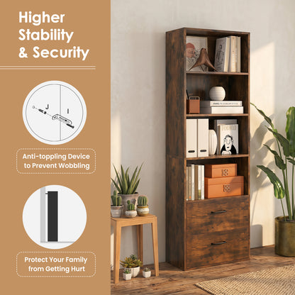 6-Tier Tall Bookshelf With 4 Open Shelves, 2 Drawers, Rustic Brown