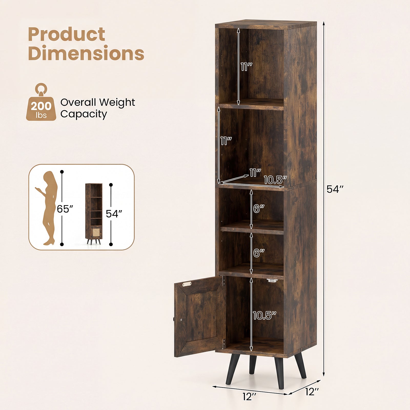 6-Tier Tall Narrow Bookcase, 54 Inches, Brown Bookcases at Gallery Canada