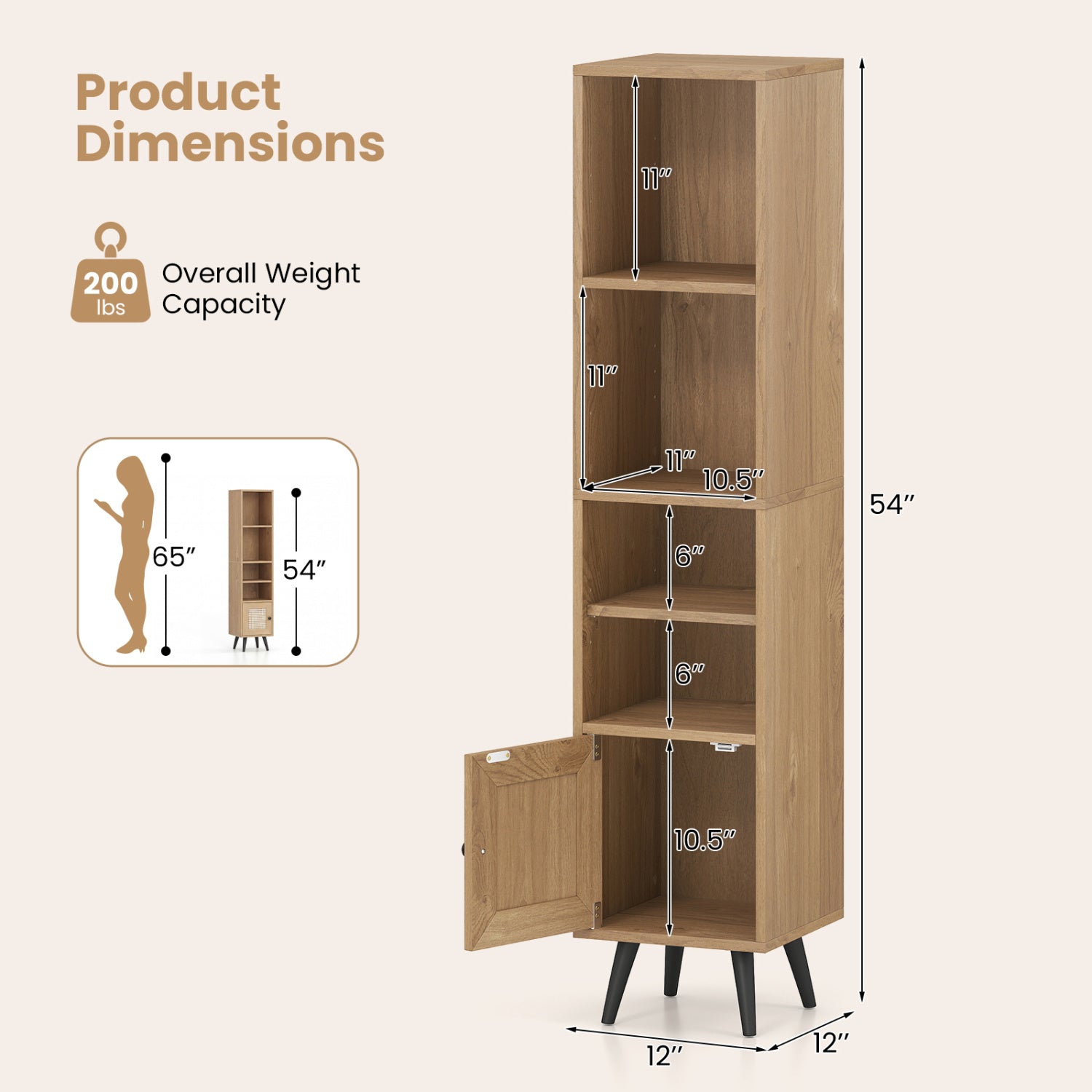 6-Tier Tall Narrow Bookcase, 54 Inches, Natural Bookcases at Gallery Canada