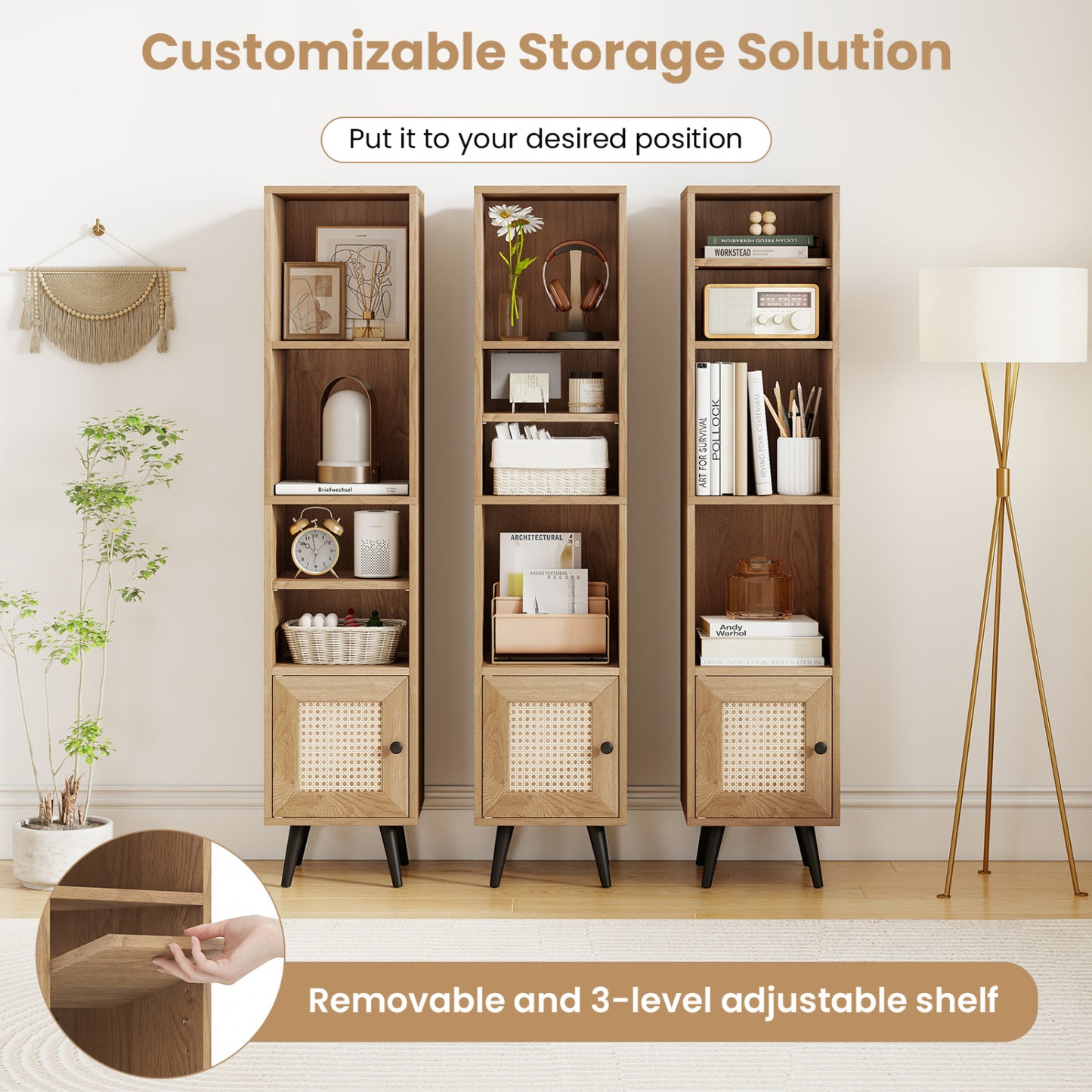 6-Tier Tall Narrow Bookcase, 54 Inches, Natural Bookcases at Gallery Canada