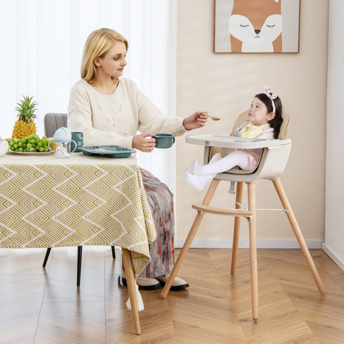 6-in-1 Convertible Wooden Highchair with Safety Harness and Adjustable Legs, Light Brown
