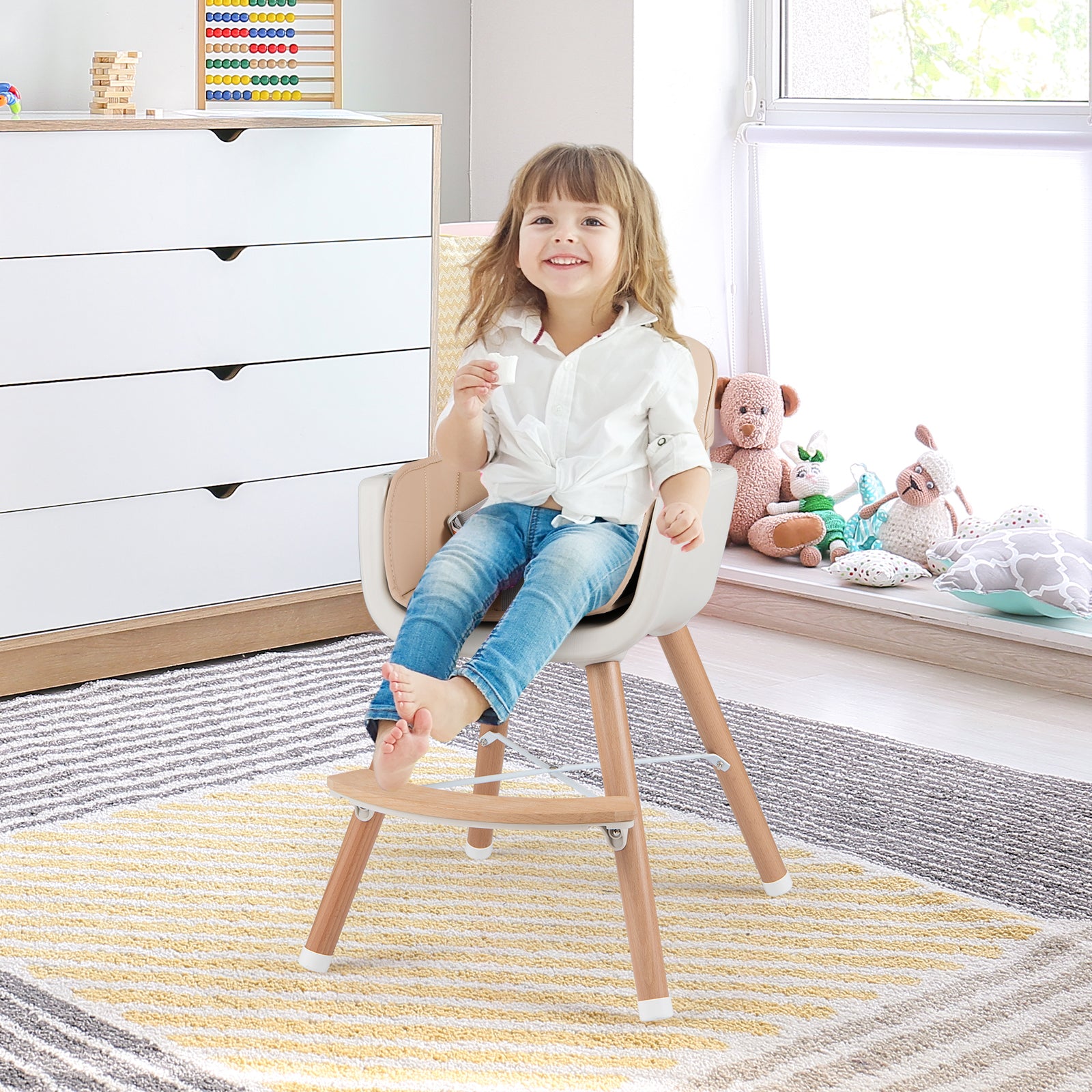6-in-1 Convertible Wooden Highchair with Safety Harness and Adjustable Legs, Light Brown High Chairs at Gallery Canada