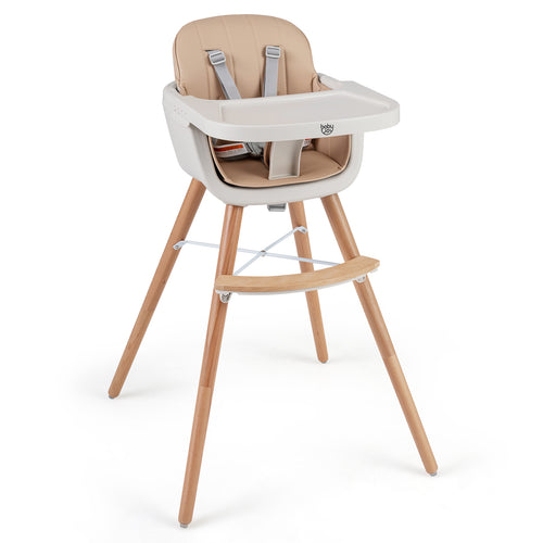 6-in-1 Convertible Wooden Highchair with Safety Harness and Adjustable Legs, Light Brown