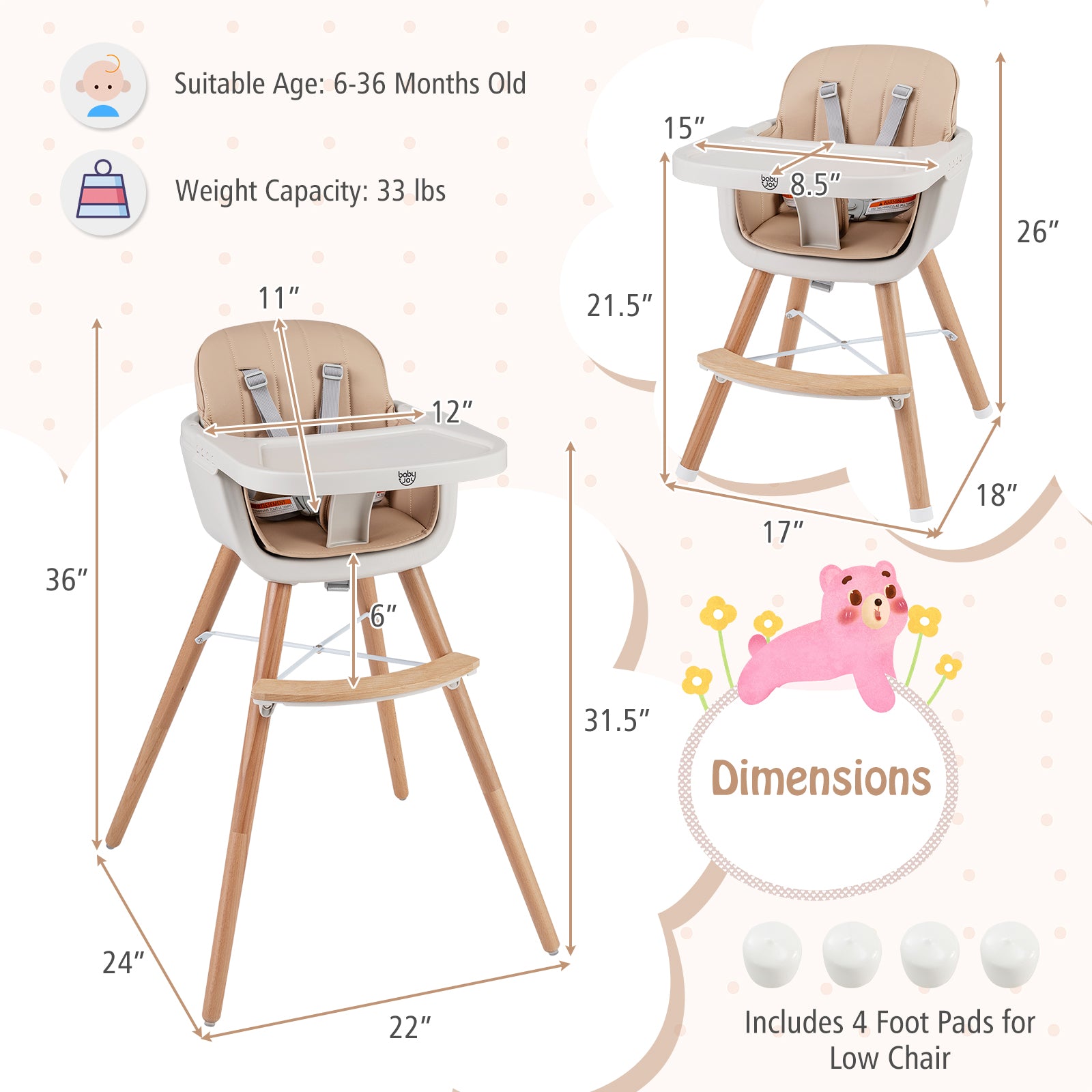 6-in-1 Convertible Wooden Highchair with Safety Harness and Adjustable Legs, Light Brown High Chairs at Gallery Canada