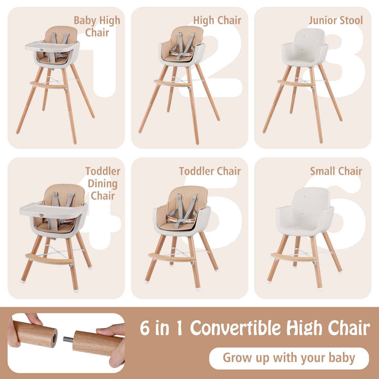 6-in-1 Convertible Wooden Highchair with Safety Harness and Adjustable Legs, Light Brown High Chairs at Gallery Canada
