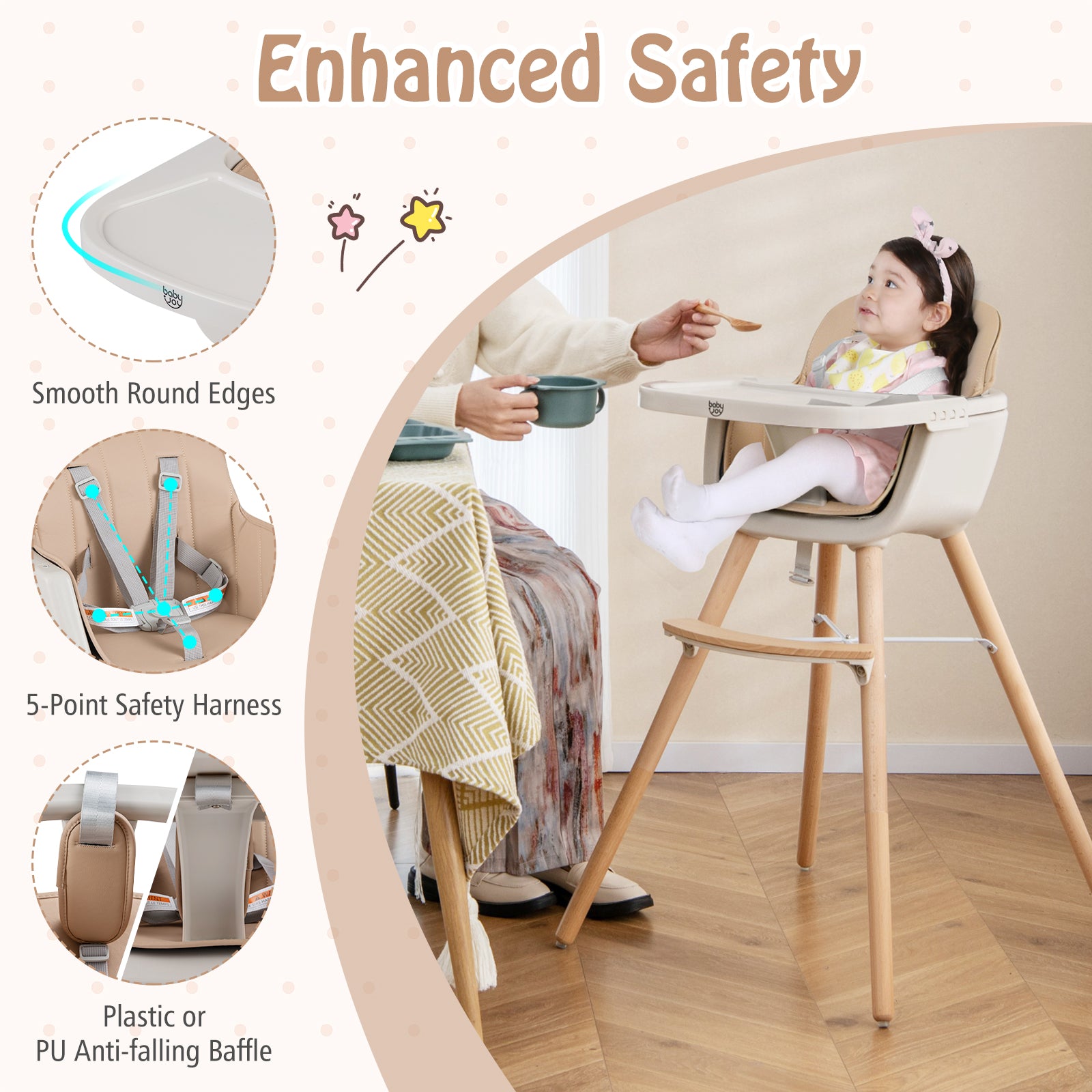 6-in-1 Convertible Wooden Highchair with Safety Harness and Adjustable Legs, Light Brown High Chairs at Gallery Canada