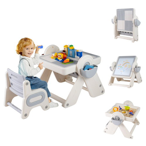 6-in-1 Multi-activity Children Table and Chair Set Folding Art Easel Set-Gray and White, Gray & White