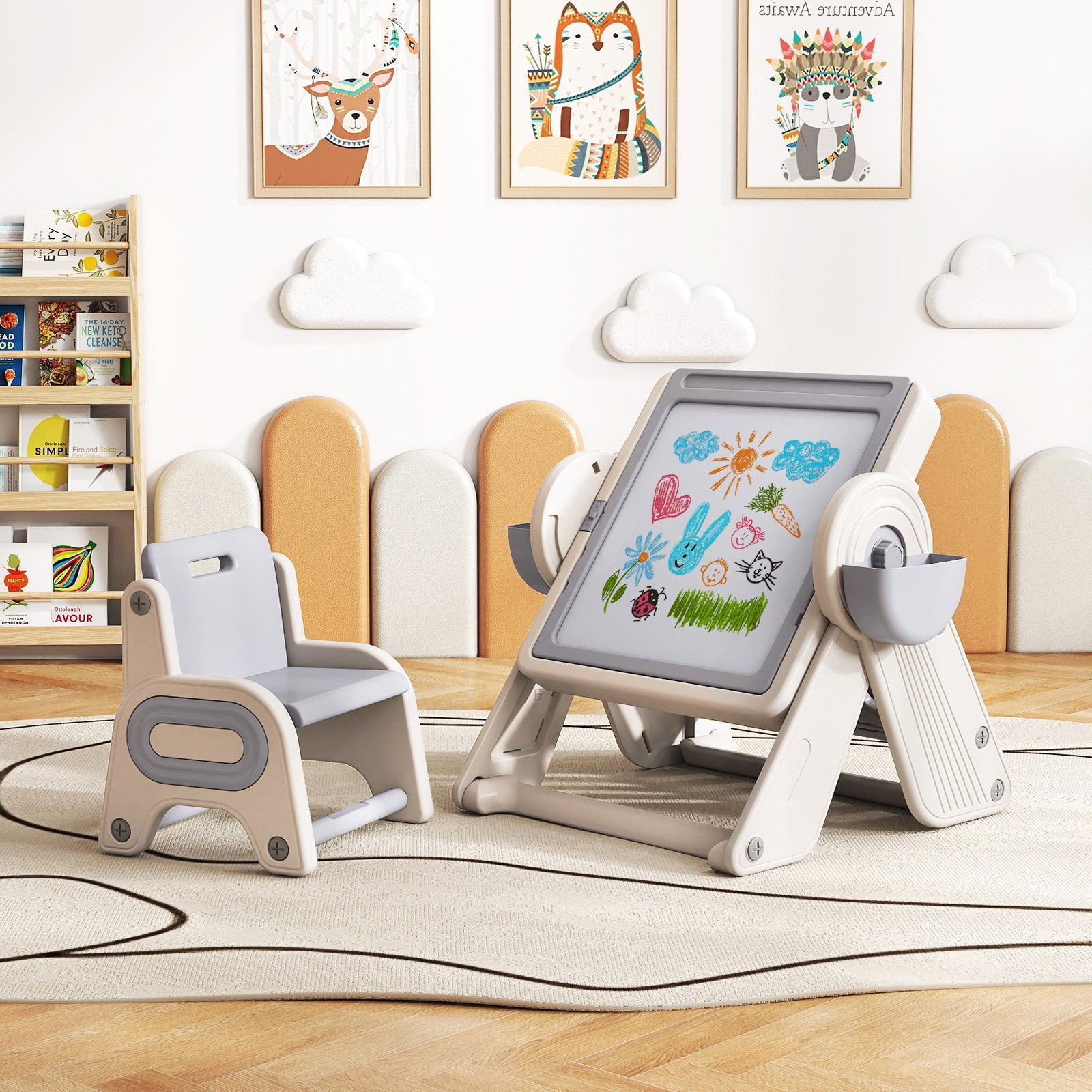 6-in-1 Multi-activity Children Table and Chair Set Folding Art Easel Set-Gray and White, Gray & White Kids Table & Chair Sets at Gallery Canada