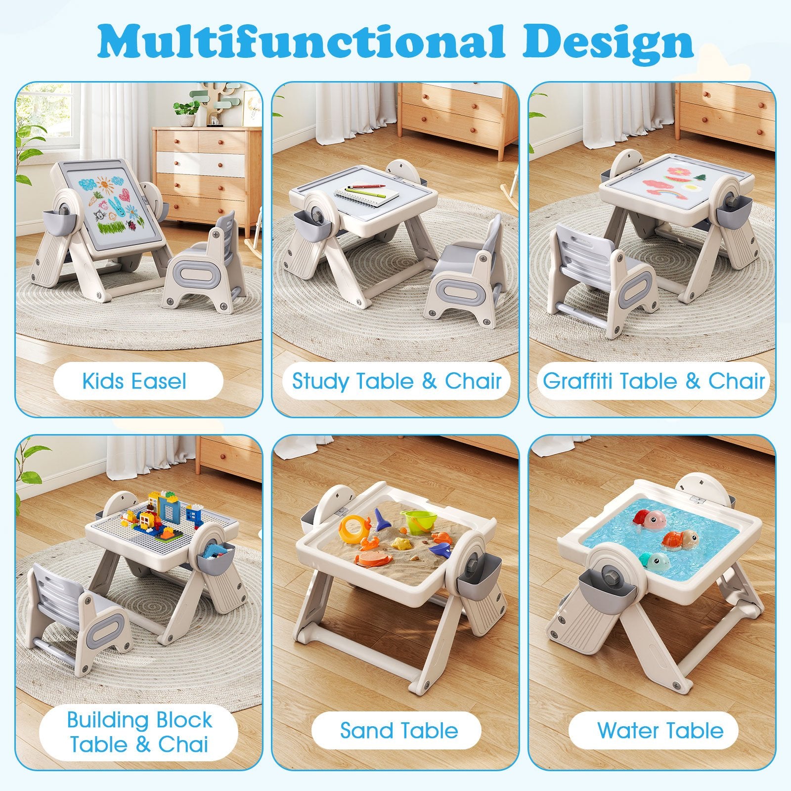 6-in-1 Multi-activity Children Table and Chair Set Folding Art Easel Set-Gray and White, Gray & White Kids Table & Chair Sets at Gallery Canada