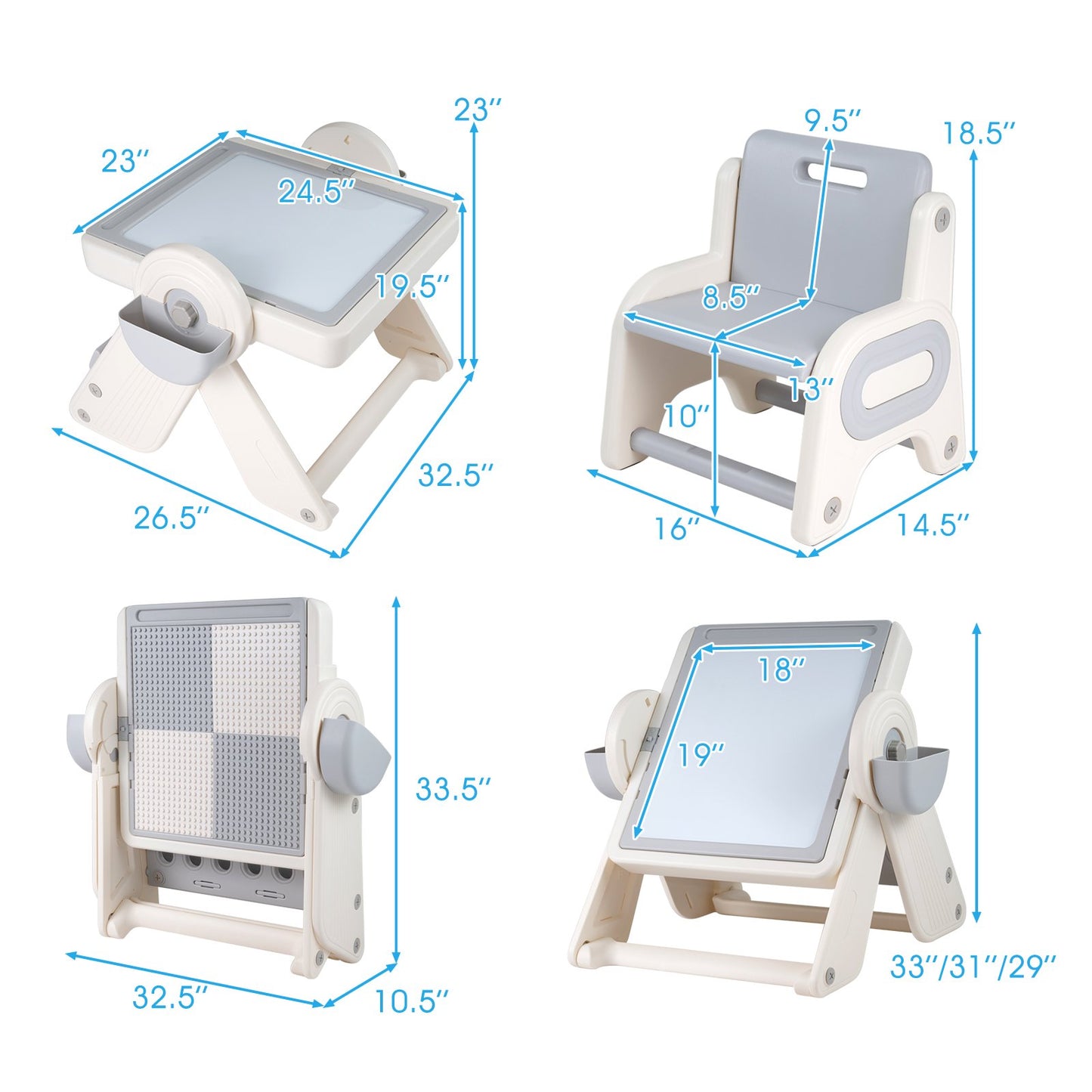 6-in-1 Multi-activity Children Table and Chair Set Folding Art Easel Set-Gray and White, Gray & White Kids Table & Chair Sets at Gallery Canada