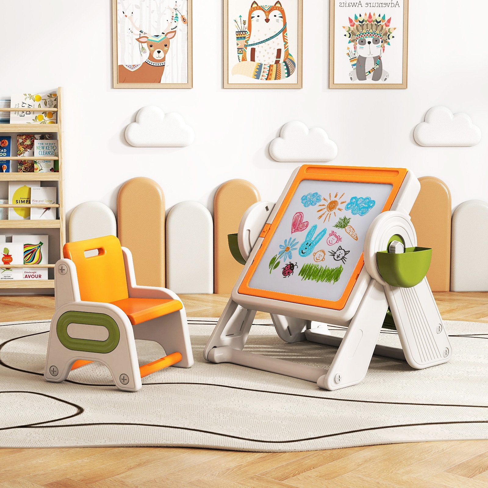 6-in-1 Multi-activity Children Table and Chair Set Folding Art Easel Set, Orange Kids Table & Chair Sets at Gallery Canada