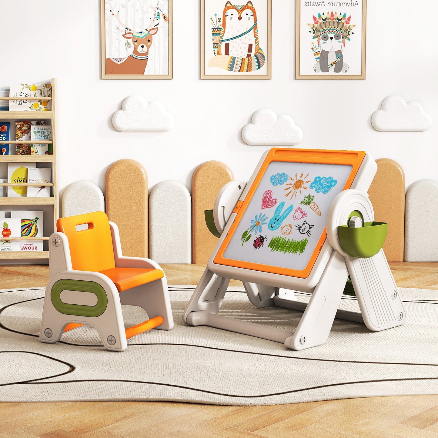 6-in-1 Multi-activity Children Table and Chair Set Folding Art Easel Set, Orange Kids Table & Chair Sets at Gallery Canada