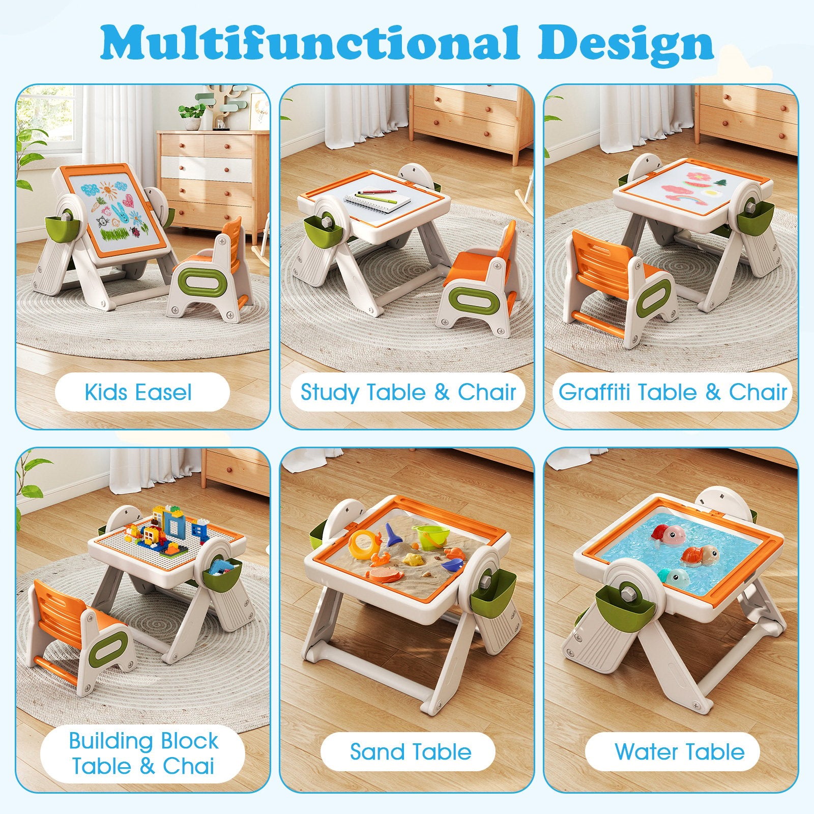 6-in-1 Multi-activity Children Table and Chair Set Folding Art Easel Set, Orange Kids Table & Chair Sets at Gallery Canada