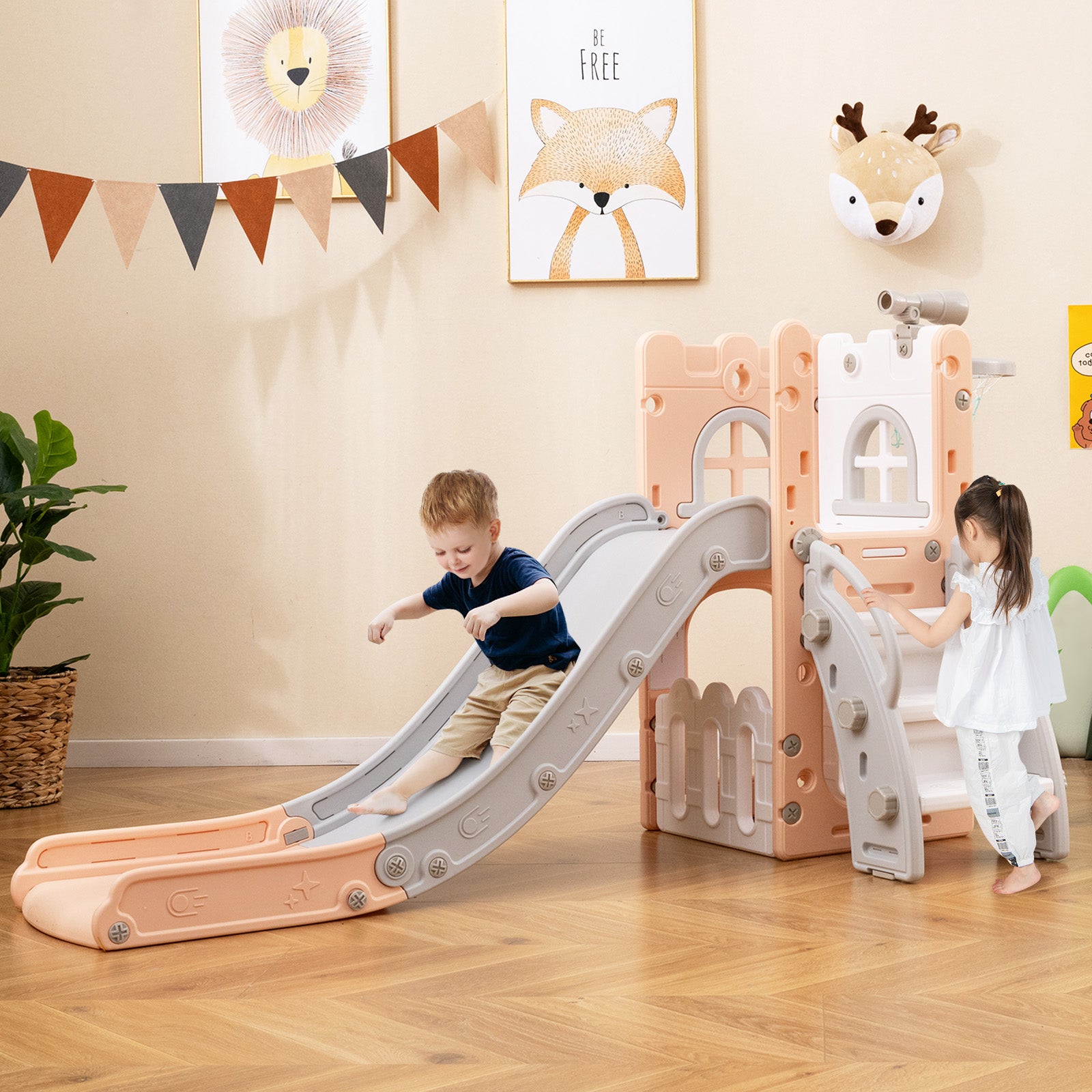 6-in-1 Toddler Slide L-shaped Playground with Basketball Hoop and Ladder, Pink Climbers & Slides at Gallery Canada