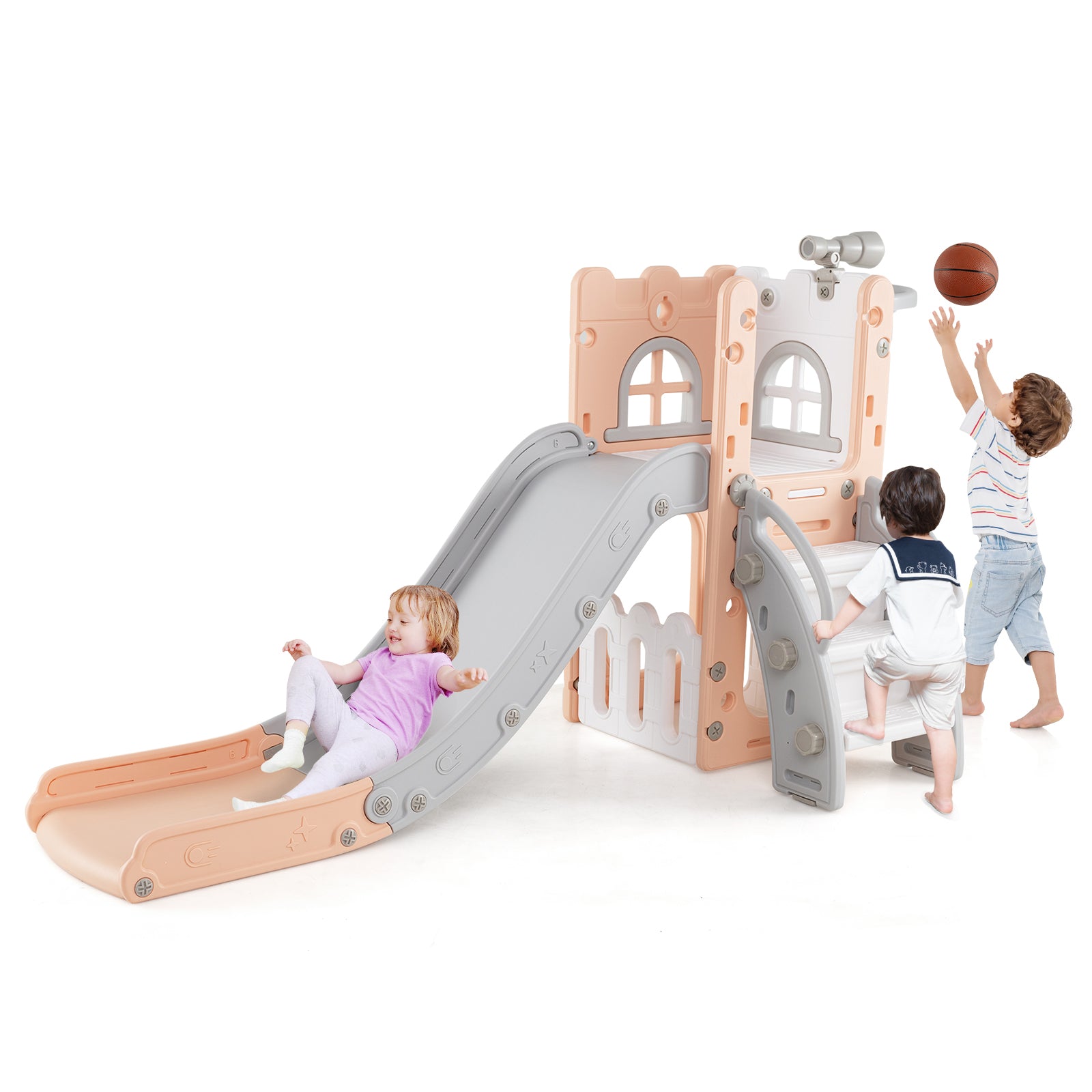 6-in-1 Toddler Slide L-shaped Playground with Basketball Hoop and Ladder, Pink Climbers & Slides at Gallery Canada